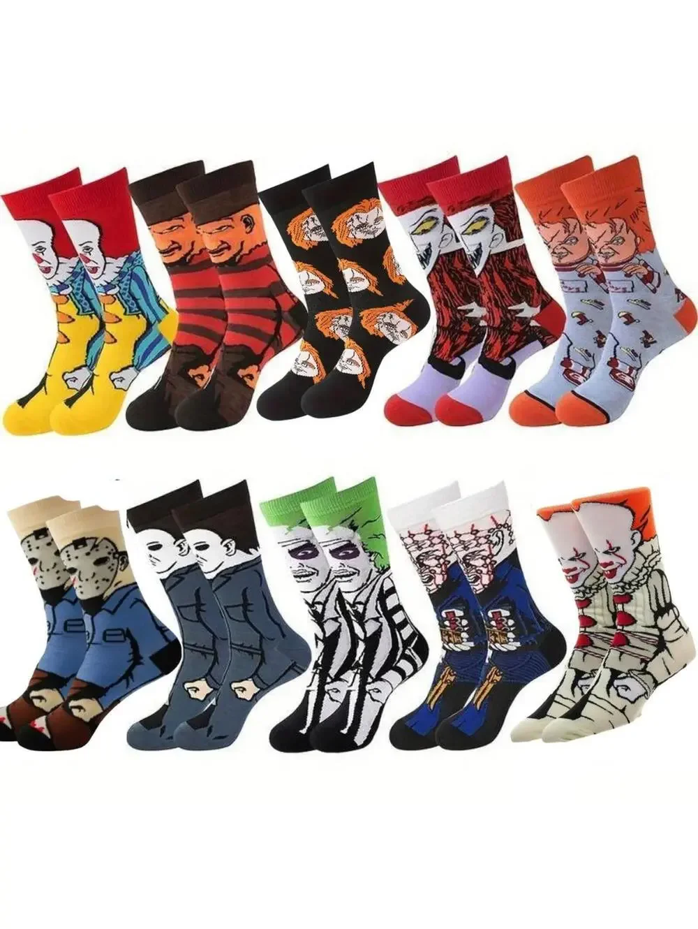 (RFB2) 10 Pair Halloween Horror Movie Crew Socks Unisex Pennywise Freddy Chucky